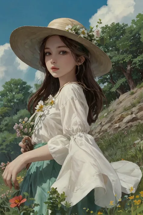  a girl wearing a hat in a field full of UltraHD flowers, professional microdetail 