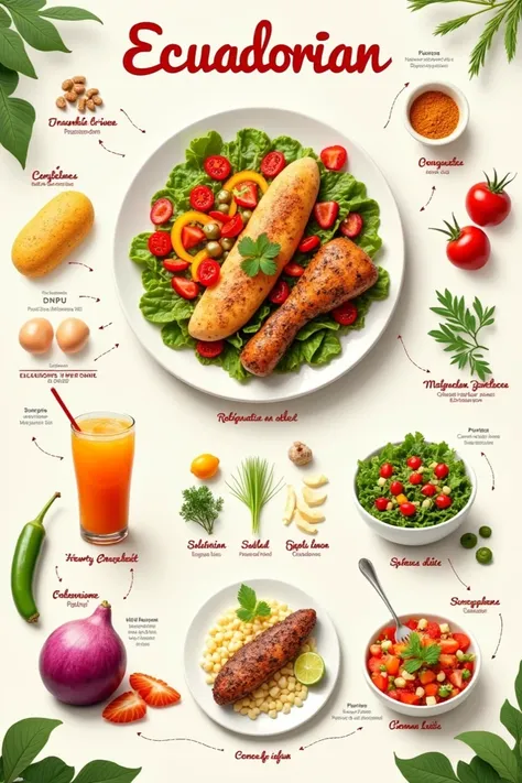 Clear and beautiful image for an infographic about a dish with Ecuadorian products containing a drink, carbohydrate , Protein,  salad .