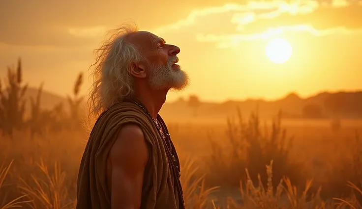  create an old man from the 1st century.  Hes in a place where the sun is very , very strong.  The sun is so strong and the day is so hot that he feels like hes going to faint.  the surrounding plants are dry , Its so hot .  The man is looking up at the sk...