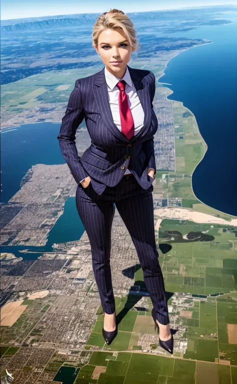 Giga Giantess art 1:4, two highly detailed giga giantess, blonde hair, a teenage bbw white girl full body view, 1000 miles giga giantess, giga giantess so massive the world is very small to her, huge breasts, grey pinstriped three-piece suit and blazer, wh...