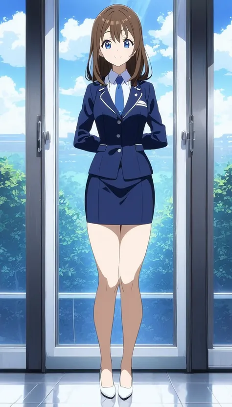 Mahoko Mochida、Brown Hair、Tea pupil、Middle hair、 kind smiles、Blue Eyes、 full body style that reflects your whole body、Normal milk、 narrow waist 、Bare legs、 in a suit、 navy blue jacket , collared shirt 、 white shirt 、 blue tie,navy blue mini pencil skirt, b...