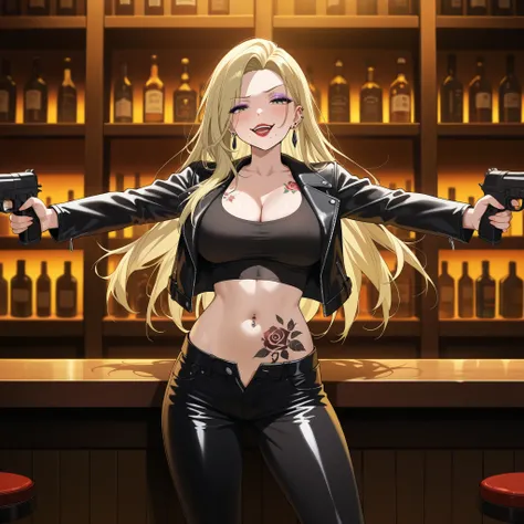 KJOsayo, long hair, blonde hair, green eyes, half-closed eyes, mole under mouth, purple eyeshadow, long hair, earrings, red lips, large breasts, ear piercing, long hair, blush, lipstick,Hot girl, baddie, smoking, sensual, attractive , ,bar background, insi...
