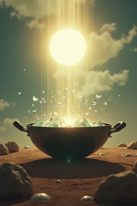 Background of the movie hamburger rain with a wok that has glass stuck inside and is receiving the suns rays