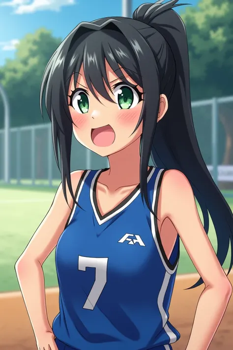 Jugadora de baloncesto japonesa of 15 años, of 1. 75 cm high .  Relaxed look with droopy eyes , smiling and excited about everything .  but frustrated with the defeats .  She has black hair taken with a ponytail and dark green eyes.  Wears a blue uniform w...