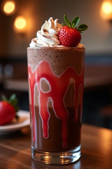 Dark chocolate frappe with strawberry sauce