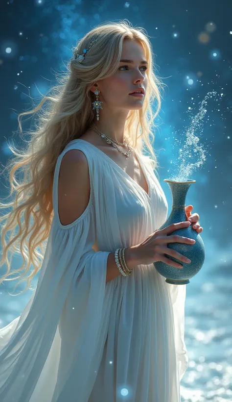 " Create an image of an attractive and sexy woman ,  in your 30s ,  that represents the Aquarius sign .  She must have long, flowing hair , with an ethereal touch.  Her clothing must be white as snow ,  with an elegant and fluid design that symbolizes the ...