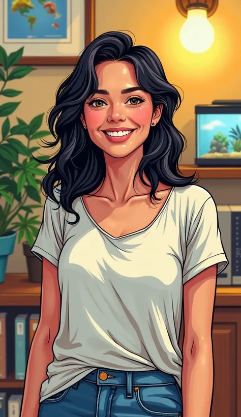 DISCREET image. with discreet casual clothes. image adult woman, american, comic book style. happy. with a small AQUARIUM decoration at home. IMAGES WITH VIBRANT COLORS.