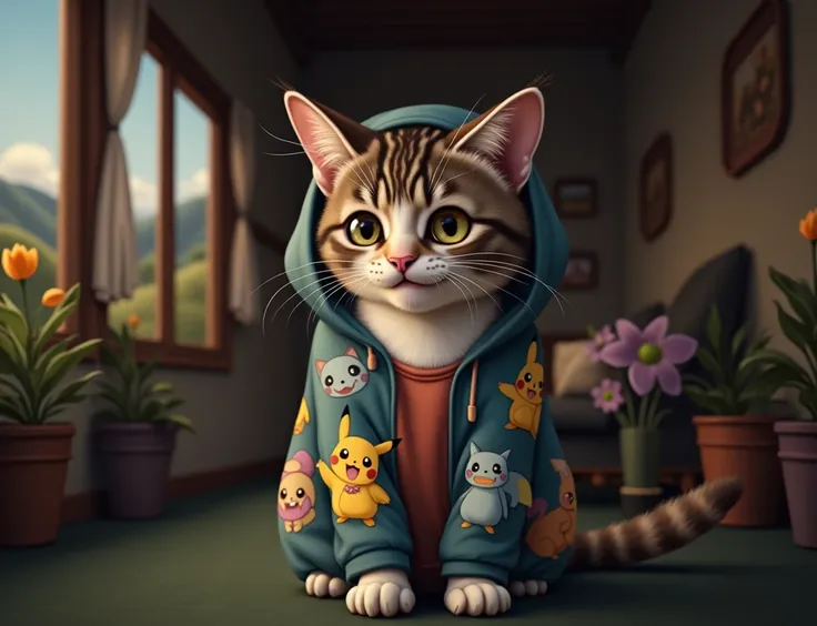 Add Pokémon cartoon designs to the coat that the cat wears and a more pleasant background