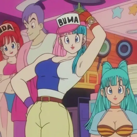 fuente_ animado,  puntaje_9,  puntaje_8_arriba,  puntaje_7_arriba,  animado screencap, bulma ( dragon ball), long hair, one side arriba, periferia_cortar, cabello aqua, blue eyes wristwatch, Top tubo rosa, escote,  hombros descubiertos , sin tirantes,  Laz...