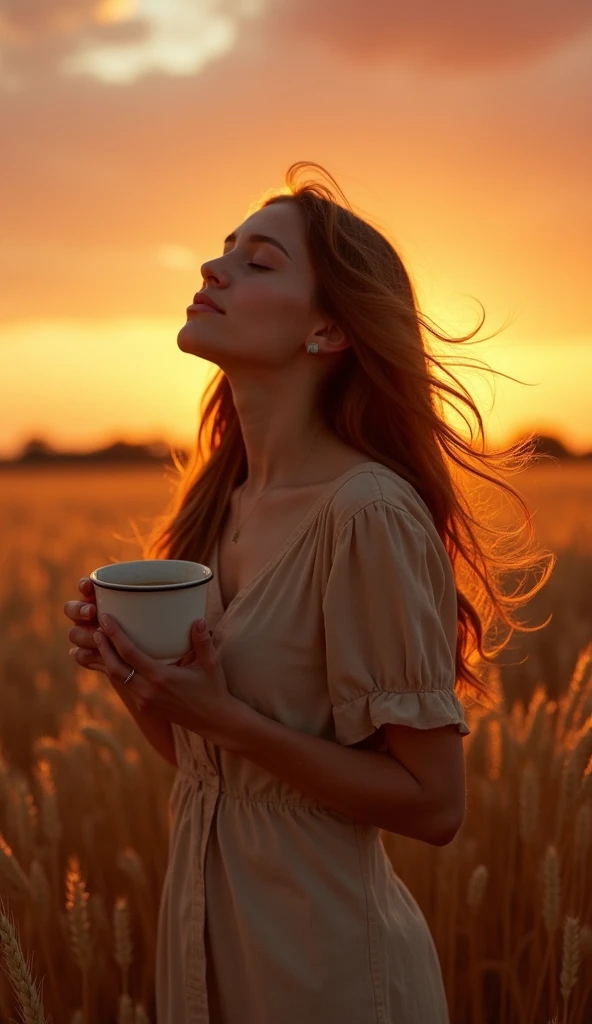  A woman standing in a golden wheat field at dusk ,  holding a cup of coffee .  your eyes are closed , and she seems to be praying ,  with her face turned to the sky painted orange and purple.  The coffee vapor rises slightly in the air ,  and the wind mov...