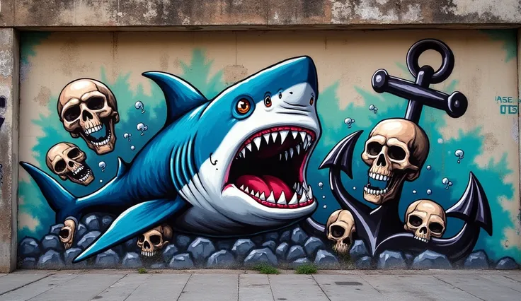 Graffiti of a shark with an anchor and skulls around the shark, That the shark imposes too much fear 