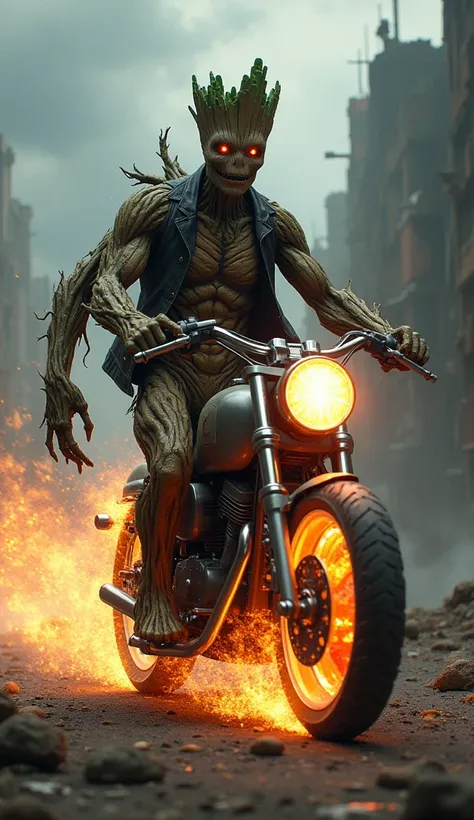 A fusion of Groot and the ghost biker on top of the bike