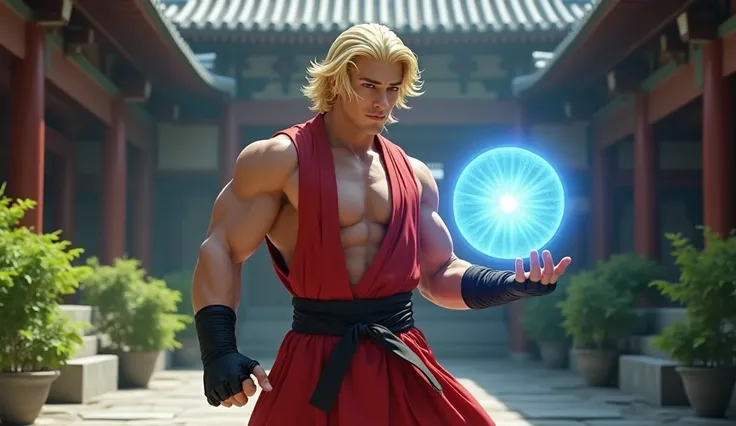 A very cute young male wrestler traits American but adult with blonde bob hair, with classic red sleeveless kimono black belt with black half-open gloves, In combat pose ,  with a light blue energy ball that forms between the two hands one on top of the ot...