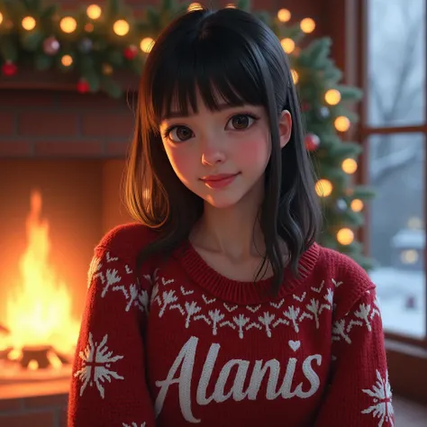 A girl with fringed medium-length hair wearing a Christmas sweater with the name Alanis