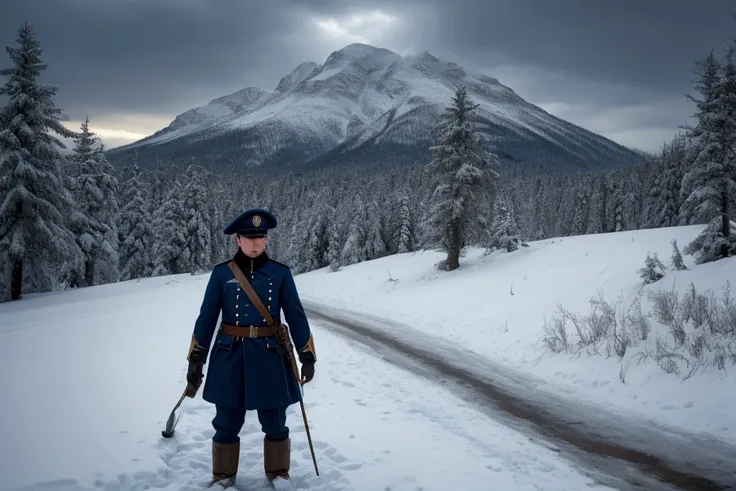 A dramatic, hyperrealistic painting depicting the tragic Karolinernas dödsmarsch. A windswept, snow-covered mountain pass, illuminated by a cold, harsh light. A group of weary, frostbitten Swedish Caroliner soldiers, dressed in their iconic blue uniforms w...