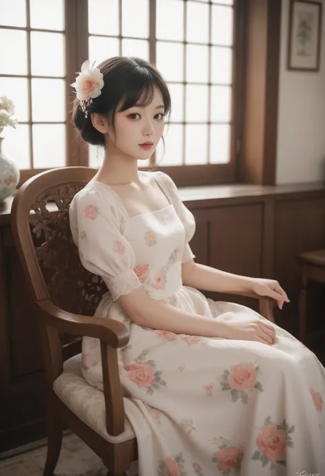 A young Asian Chinese girl sitting gracefully on a chair, wearing a white cottagecore floral puff sleeve dress. The dress features intricate floral patterns and a soft tulle layer at the hem, giving it an elegant and airy appearance. Her long straight blac...