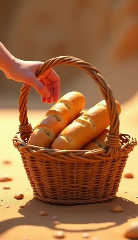 A detailed and heartwarming 3D animated scene showing a close-up of a hand reaching for a woven basket filled with freshly baked bread. The basket is crafted with intricate details, showcasing its texture and natural material. Inside the basket, golden loa...