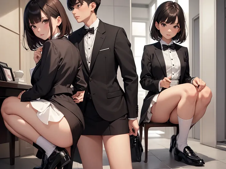 ((best quality)), ((masterpiece)), (detailed), 1girl, asian young woman, short bangs, brown hair, brown asian eyes, feminine, bowtie, black tuxedo jacket, black dress skirt, short white socks, fancy black shoe, rear view , back turned away