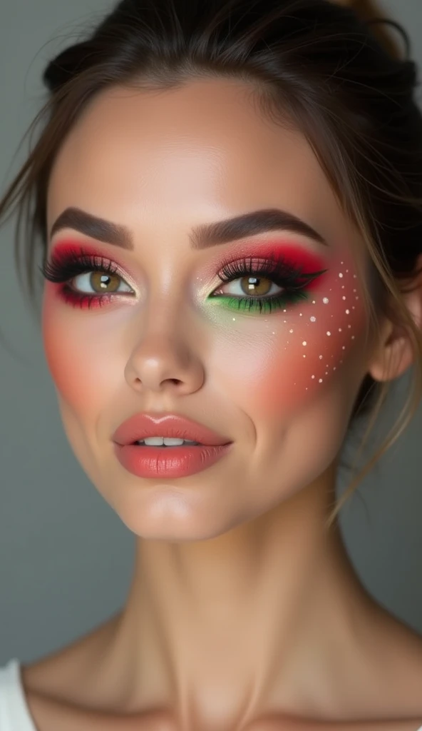 profile picture, Makeup tutorial style ,  makeup template , beautiful face, Christmas makeup , Glam makeup with red and green on the eyes is elegant for Christmas.  Simple gray studio background , model pose,  realistic and unpretentious , Warm and welcomi...