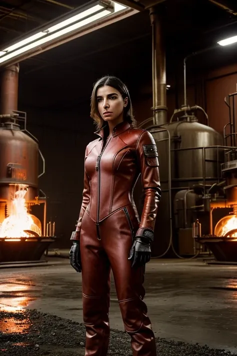 Medium Shot, cinematic industrial, (Claudia Becker wearing a red leather suit, hands on hips, determined gaze), dramatic overhead lighting, (standing near rusted machinery, sparks flying, glowing metal furnaces), (35mm lens, Canon EOS R5, sharp clarity, pr...