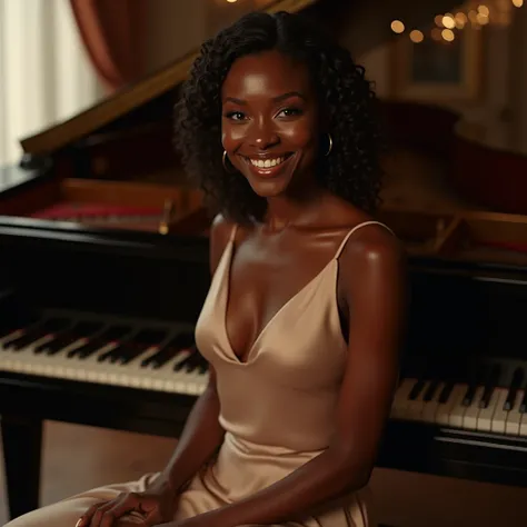 a classy black woman dressed in a silk dress, sitting on a piano bench, smiling at the camera