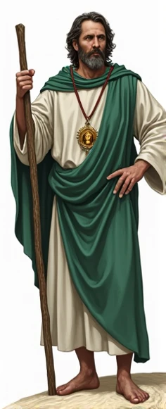 Saint Jude,  calls on the head , white tunic, green cloak, Medal with the image of Jesus of Nazareth, staff,  dark background,  dirt road 