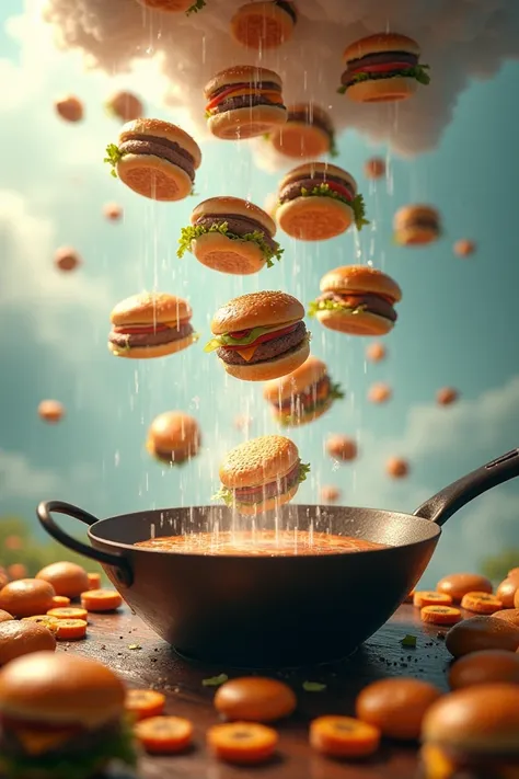 Background of the movie rain of hamburgers in the center a wok lined in glass