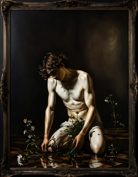 a mechanical slim boy naked; watering wildflowers persevering on a xadrez floor, caravaggio style painting, dark atmosphere, dramatic lighting, photorealistic, 8k, highly detailed, cinematic, moody, chiaroscuro, muted colors, somber tone, intricate details...