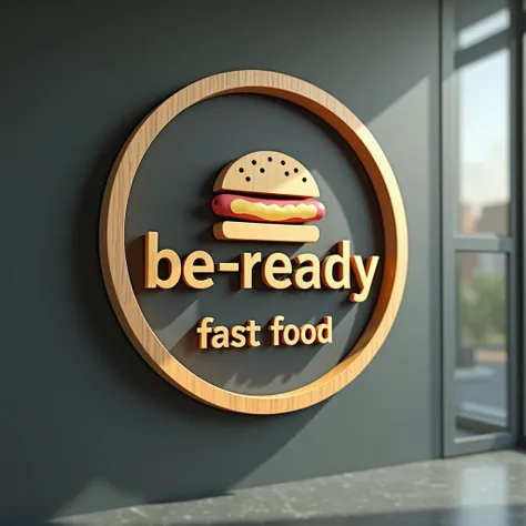 A clean 2D logo design on a gray glass wall featuring the name BE-READY with the slogan FAST FOOD underneath. Above the text, a symbol combining a hamburger and a hot dog is displayed. Surrounding the logo is a thin golden circular frame with a subtle wood...