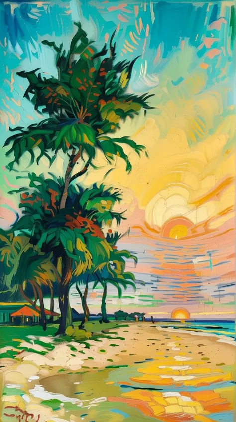 A beach scene at sunrise, featuring vivid, swirling brushstrokes in the style of Vincent van Gogh. The sand is golden with intricate patterns, the waves are a mix of deep blue and white foam, and the sky is a blend of pinks, oranges, and yellows. Palm tree...