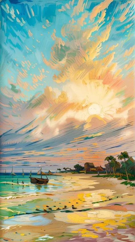 A beach scene at sunrise, featuring vivid, swirling brushstrokes in the style of Vincent van Gogh. The sand is golden with intricate patterns, the waves are a mix of deep blue and white foam, and the sky is a blend of pinks, oranges, and yellows. Palm tree...