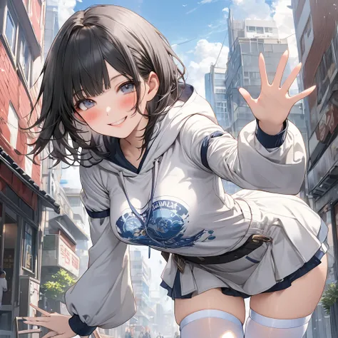  one high school girl、smile、,blush、Short black hair、( smaller breasts;1.5)、 hoodie、Pouch string between breasts、Thighs、Moe sleeves、,(white thigh high:1.5)、Waving hello、blue sky、Building district、whole body、( perfect anatomy ),( best quality), ( ultra hi-re...