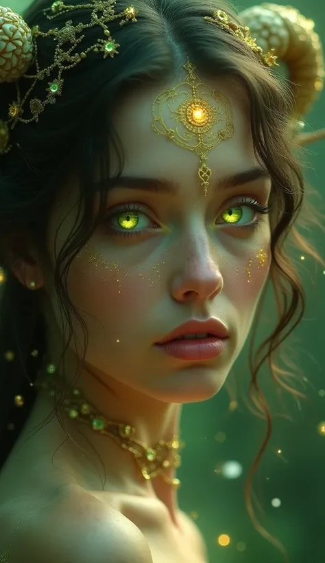 "A mystical woman representing the Taurus zodiac sign, close-up of her face, glowing green and golden eyes, surrounded by soft earthy light and Taurus astrological symbols, exuding elegance and grounded energy."
