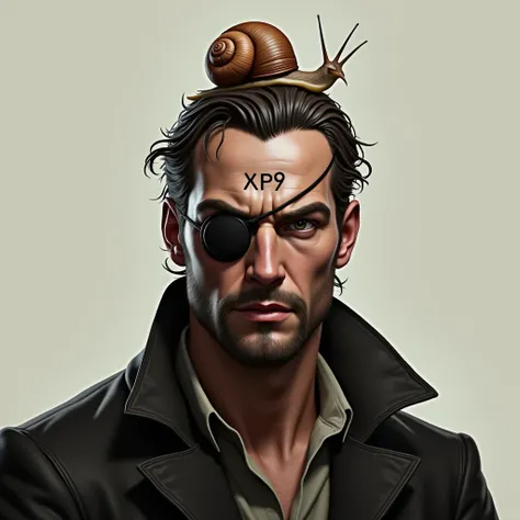  A good-looking man with an eye patch and a snail on his head. The word  "XP9 " Is written on his forehead  .