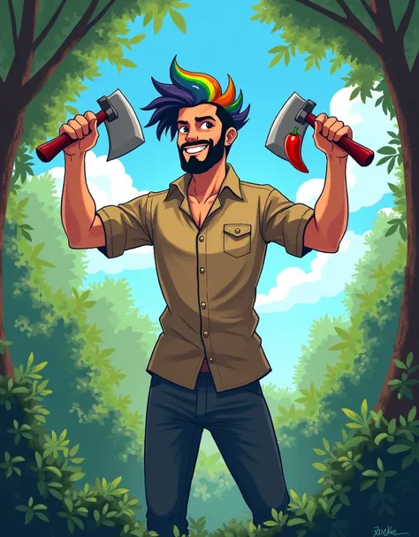 1 skinny manly men, multicolored black hair, (lightbrown shirt), with a machete in one hand and a red pepper in the left hand, lifting arms, smiling, upperbody, pixel world, nature, forest, summer,  green leaf, blue sky, japanese style anime, tall latino, ...