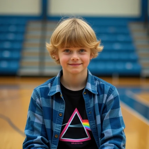 8k In the background of a high school basketball court, in one of the stands, there is a 20-year-old boy sitting with blond hair and electrifying blue eyes, he wears a blue checkered shirt and underneath it a black t-shirt with a pink Floyd triangle, the b...