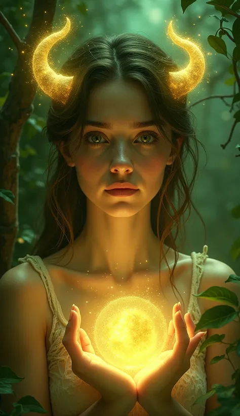 A beautiful mystical young woman, her face glowing with golden-green light, surrounded by earthy Taurus elements like vines and soft soil, with the bull symbol subtly integrated into her mystical atmosphere."
