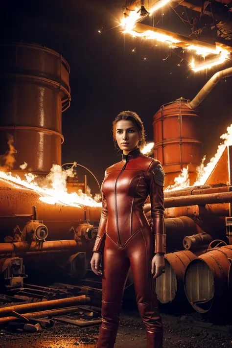 Medium Shot, dynamic industrial, (Claudia Becker in a red leather suit, arms crossed, assertive expression), gritty overhead lighting, (standing near large steel pipes, glowing embers, scattered tools), (35mm lens, Nikon Z8, vivid clarity, professional, ci...