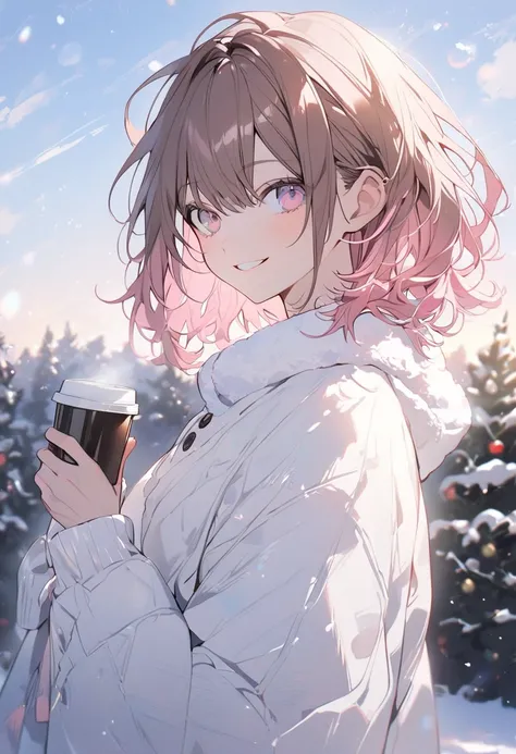   handsome, Alone,  1 Woman ,  medium hair,  brown hair, Pink highlights on the tips,  pale pink eyes,morning,White long sleeve，smile, blue sky,Holding coffee in hand， Christmas