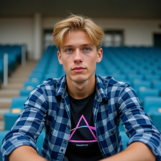 8k In the background of a high school basketball court, in one of the stands, there is a 20-year-old man sitting with blond hair and electrifying blue eyes, he wears a blue checkered shirt and underneath it a black t-shirt with a pink Floyd triangle, the b...