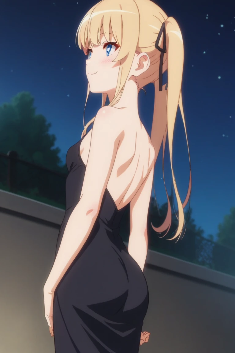 1girl,Eriri blonde hair,blue eyes,sawamura spencer eriri,long hair, small breast, twintails,black ribbon,     High Resolution, Masterpiece, High Quality,  anime screencap,  dynamic angle, takeda hiromitsu style,      (curvy), cute, elegant black dress, nig...