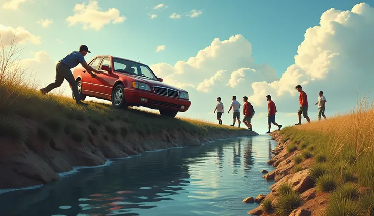 hello,  I want to create an image with five people pushing a car that they were driving, What fell into a channel ,  with a wheel on one side and a large path .