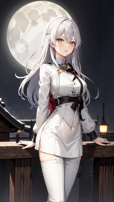  long silver hair 、  tension as the inner color for long hair, yellow eyes , Moonlight、 moonlight、、、, full body composition from head to toe、Sharp Eye、Older sister、Sexy Fashion、 white shirt、Belly button exposed、Dress pants、Beige jacket coat 、Night Beauty、A...