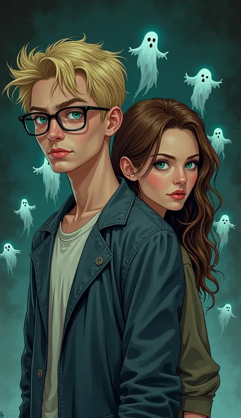 Comic stil, Horror, supernatural, full body portrait , 2 people spread across the picture, 1 man, 1 woman, 1 man blonde kurze haare mit blauen augen und eckige schwarze brille, 1 woman mit langen braunen haaren und grüne augen, Casual clothes , ghosts in t...