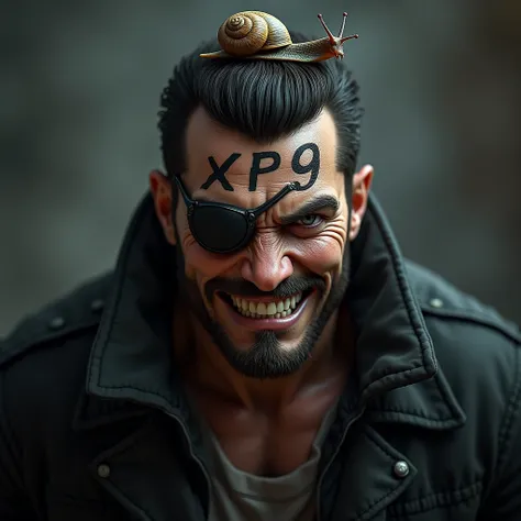  A good-looking man with an eye patch and a snail on his head. He grins angrily at the camera. The word  "XP9 " Is written on his forehead  .