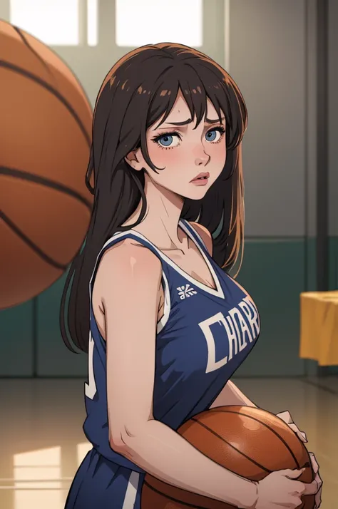 masterpiece, best quality, 1girl, solo, looking at viewer, large breasts, mature female, collarbone, janeporter, long hair, basketball uniform, (basketball), sweaty, exhausted, breathing