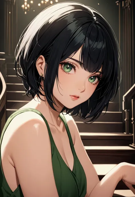 (masterpiece, top quality), one girl with short black hair, deep green eyes