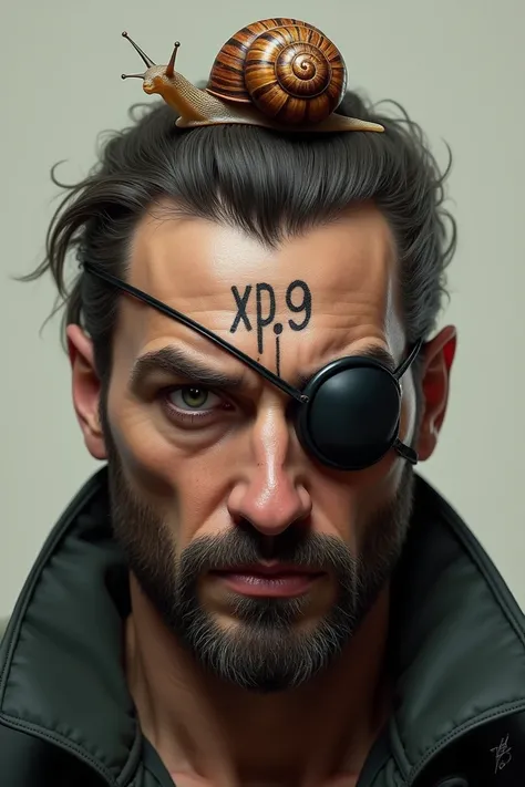  A good-looking man with an eye patch and a snail on his head. The word  "XP9 " Is written on his forehead  .