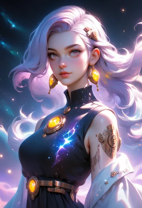 Gorgeous Galactic, A hyper-realistic portrait of a galactic female with glowing skin that shimmers with the colors of the cosmos, adorned with intricate golden ornaments and celestial jewelry. Her body is marked with luminescent runes that pulse faintly, c...