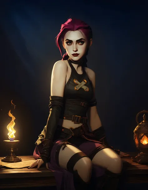 a beautiful girl wearing an arcane outfit, jinx inspired, sitting on a table in a christian mythology inspired pose, dramatic chiaroscuro lighting, highly detailed, photorealistic, 8k, masterpiece, oil painting